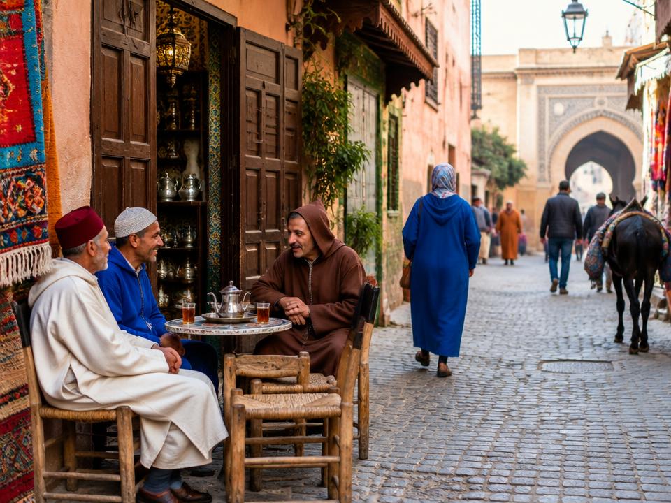 People talking outside a café on a historic street